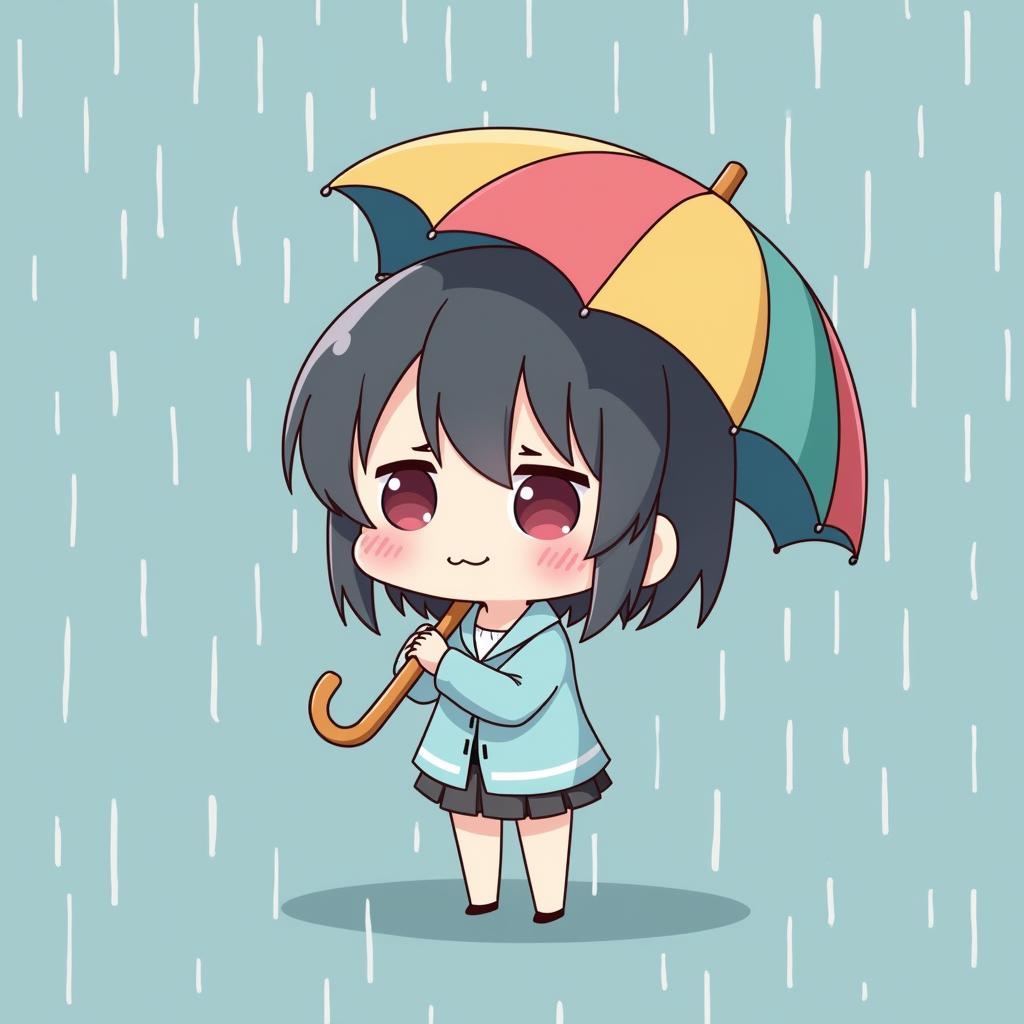 Hinh chibi dang dung duoi mua roi voi chiec o nho mau sac va net mat buon